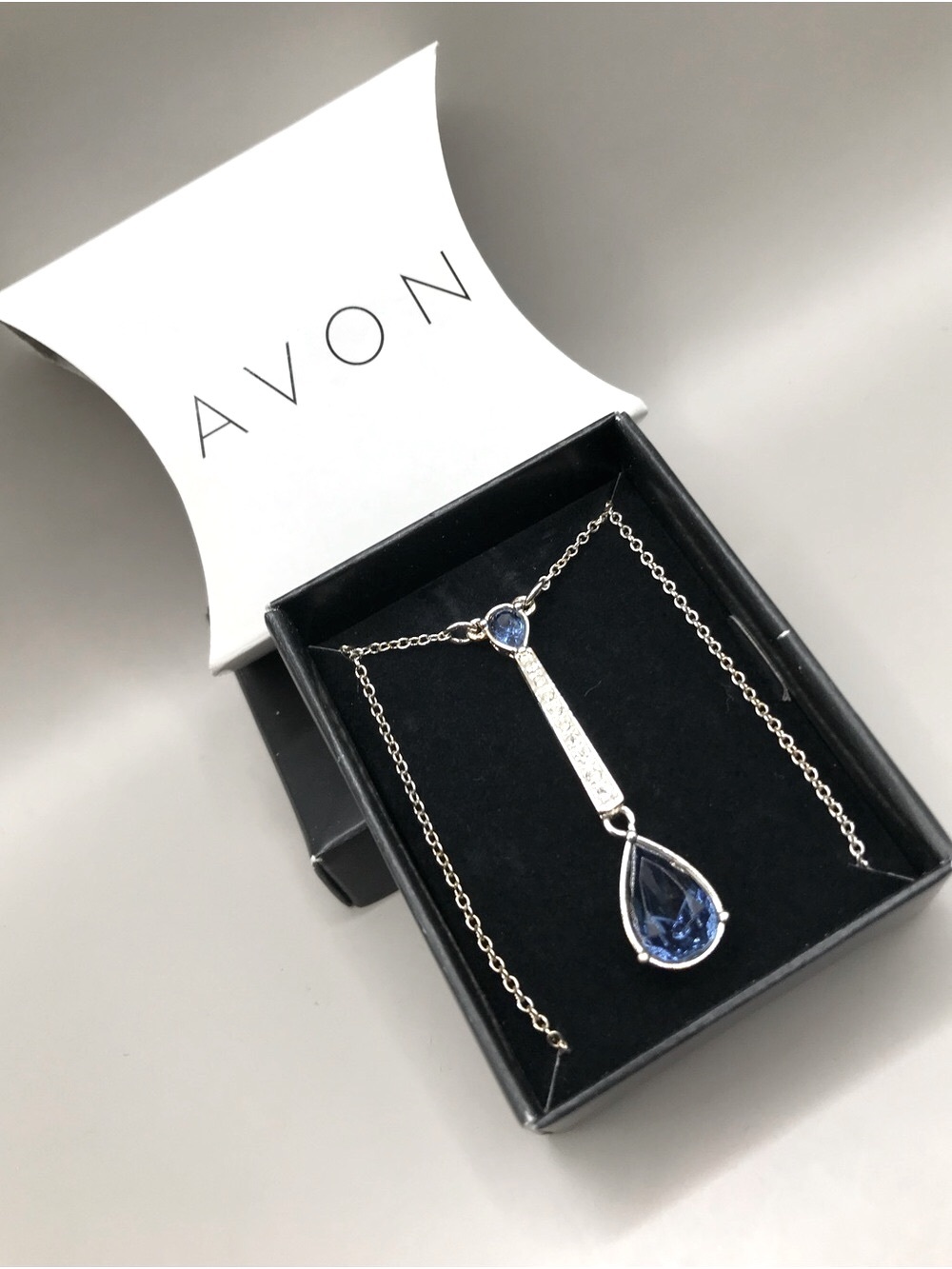 Avon Silver-Tone Sapphire Blue Teardrop Necklace